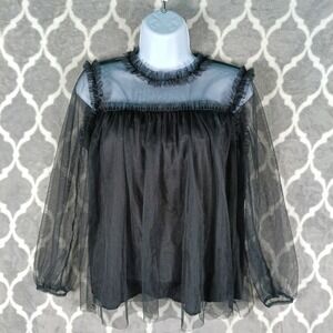 Gothic Mesh Tulle Ruffle Blouse Womens Large Black Sheer Long Sleeve